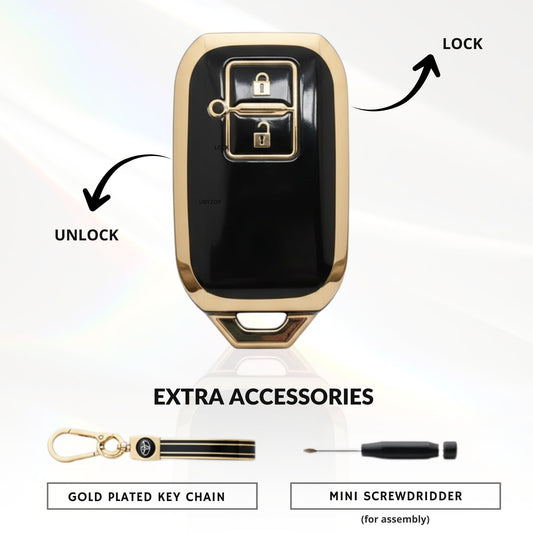 AutoLuxe Premium Black & Gold Soft TPU Car Smart Key Cover Case Compatible with Suzuki Jimny, Fronx, Grand Vitara, Baleno, Swift, Dzire, Ertiga, XL6 & Toyota Glanza, Hyryder | 2 Button Key