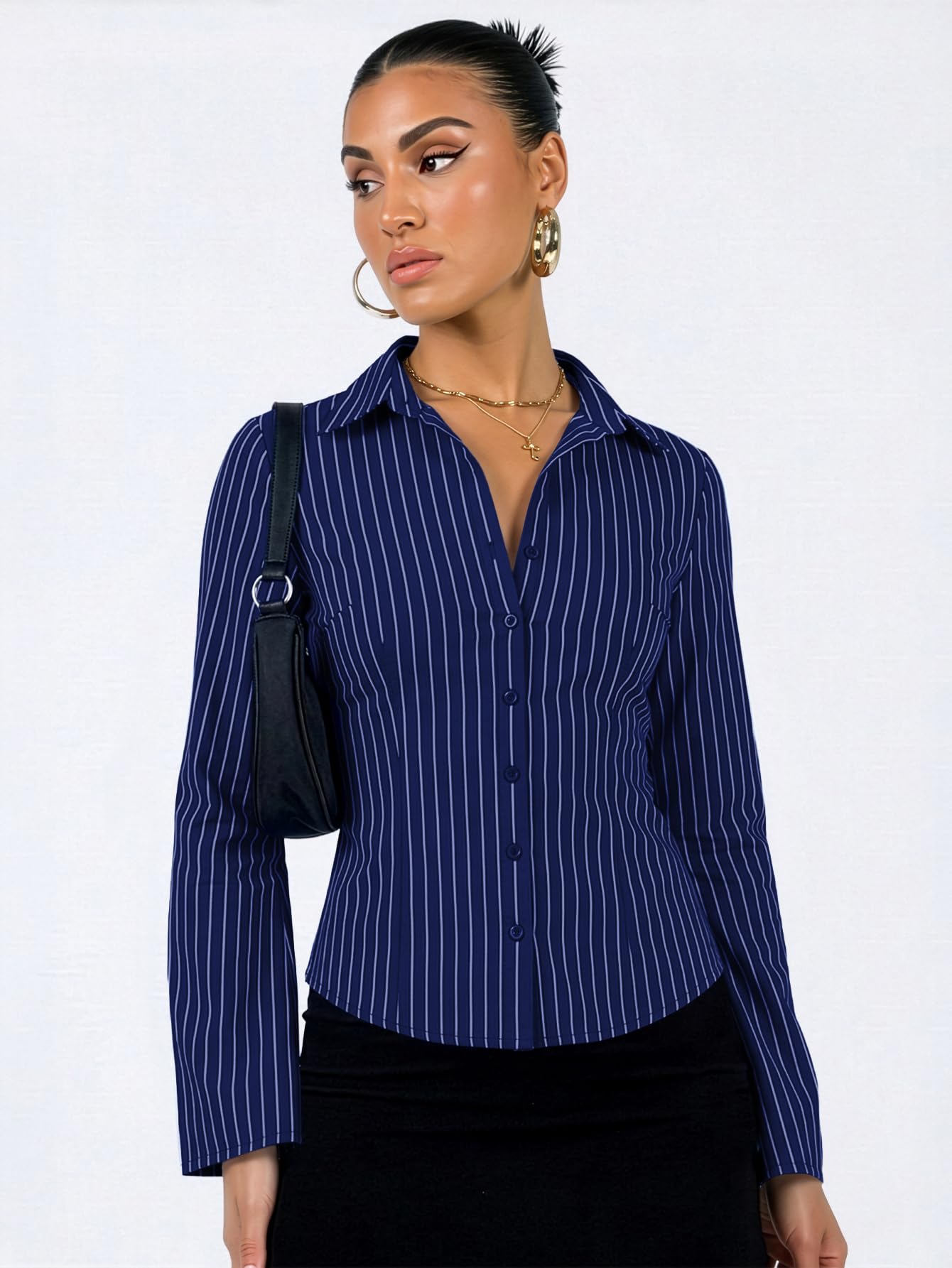 Aahwan Blue Striped Button Down Flared Bell Long Sleeve Casual Shirt for Women's & Girl's(395-SBlue-M)