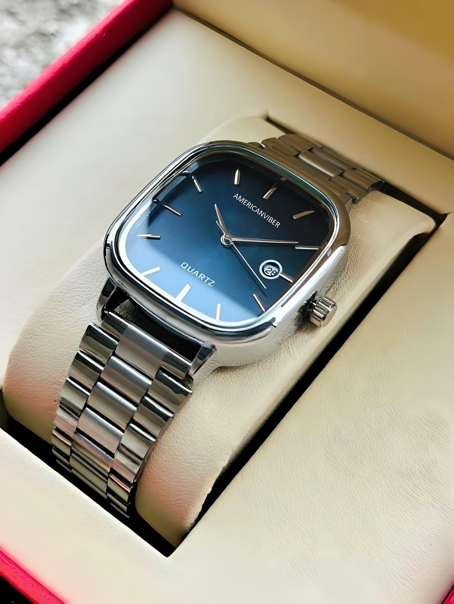 AMERICANVIBER Men's Silver, Watch with Stainless Steel Band | Water-Resistant Analog Dress & Casual Wristwatch (Blue)