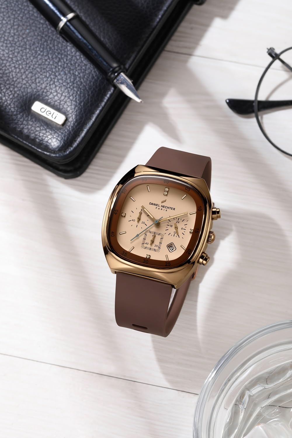 Daniel Hechter Paris Bercy Collection Modern Multi Functional Watch for Men with Square Dial and Silicon Band-DHM1001 (Beige)