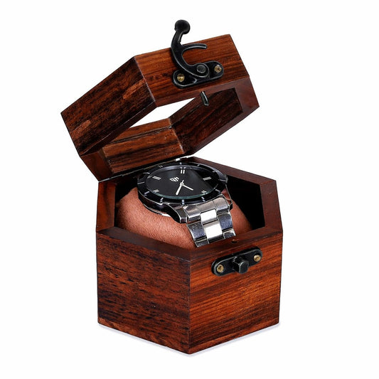 Watch Box for Men, Single Slot Watch Display Case Mens Timepiece Box Organizer, Dark Rosewood Cases for Men Storage, Valentines Gift Organizer Holder Case for travel with Glass Lid