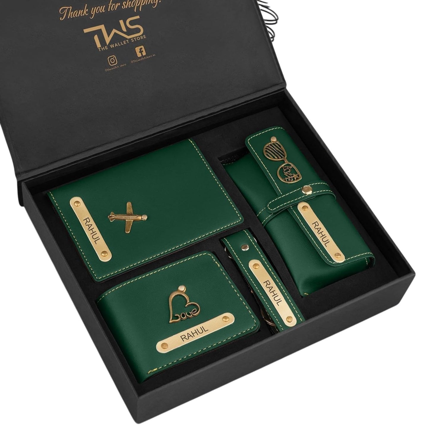 The Wallet Store Personalised Complete Combo for Men | Wallet, Passport Cover, Eyewear Case & Keychain Set with Name & Charm | Premium Gift Box for Birthday, Anniversary & Special Occasions (Green)