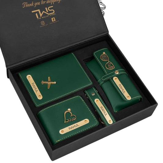The Wallet Store Personalised Complete Combo for Men | Wallet, Passport Cover, Eyewear Case & Keychain Set with Name & Charm | Premium Gift Box for Birthday, Anniversary & Special Occasions (Green)