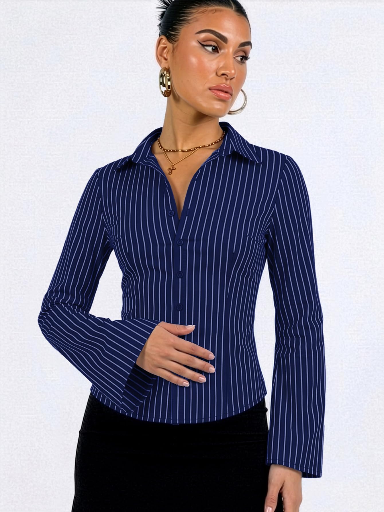 Aahwan Blue Striped Button Down Flared Bell Long Sleeve Casual Shirt for Women's & Girl's(395-SBlue-M)