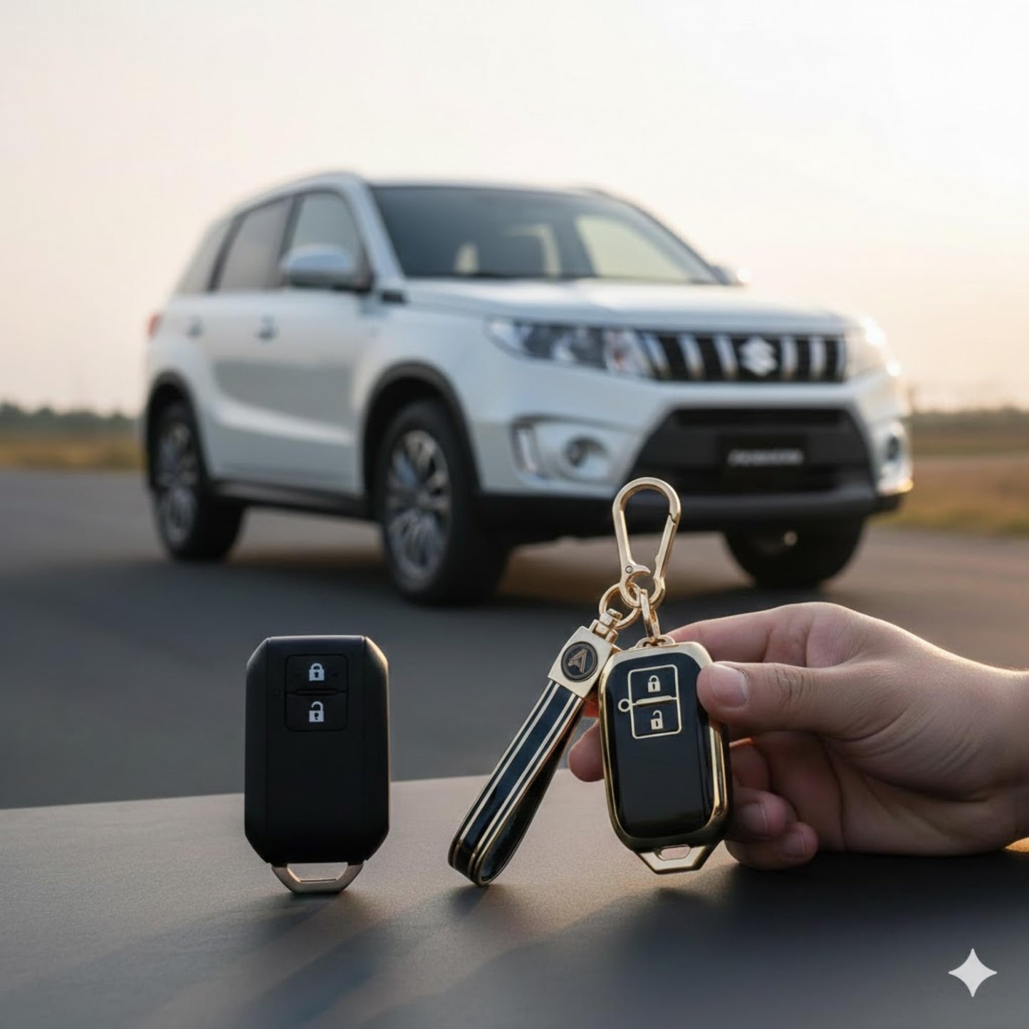 AutoLuxe Premium Black & Gold Soft TPU Car Smart Key Cover Case Compatible with Suzuki Jimny, Fronx, Grand Vitara, Baleno, Swift, Dzire, Ertiga, XL6 & Toyota Glanza, Hyryder | 2 Button Key