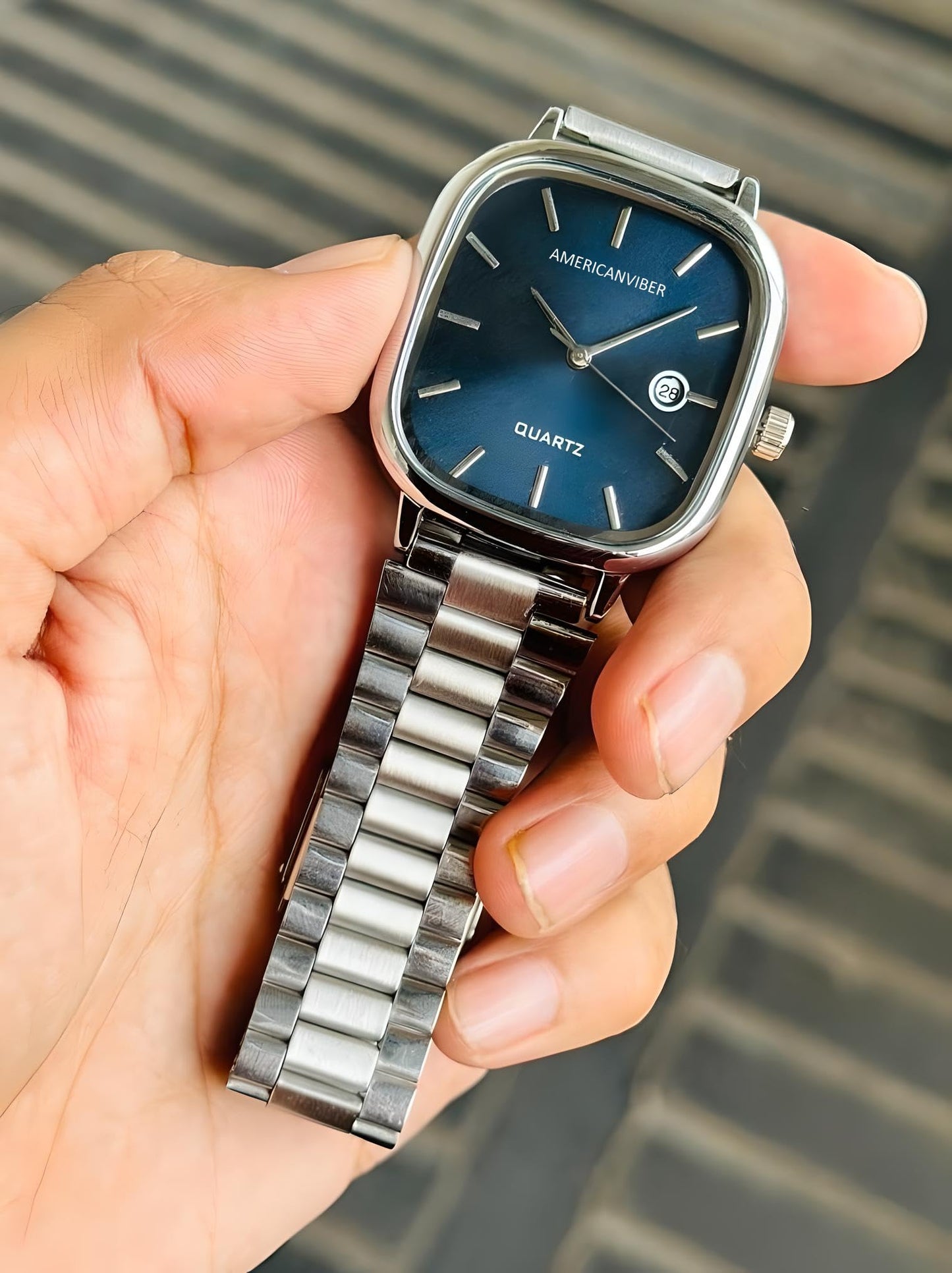 AMERICANVIBER Men's Silver, Watch with Stainless Steel Band | Water-Resistant Analog Dress & Casual Wristwatch (Blue)