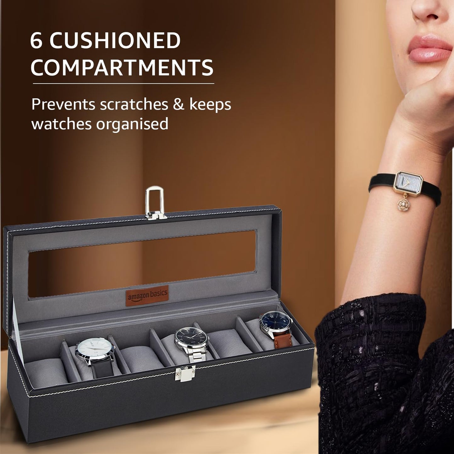 Amazon Basics Unisex Faux Leather Watch Organiser Box with 6 Slots |Watch Organiser with Transparent Lid (Black)