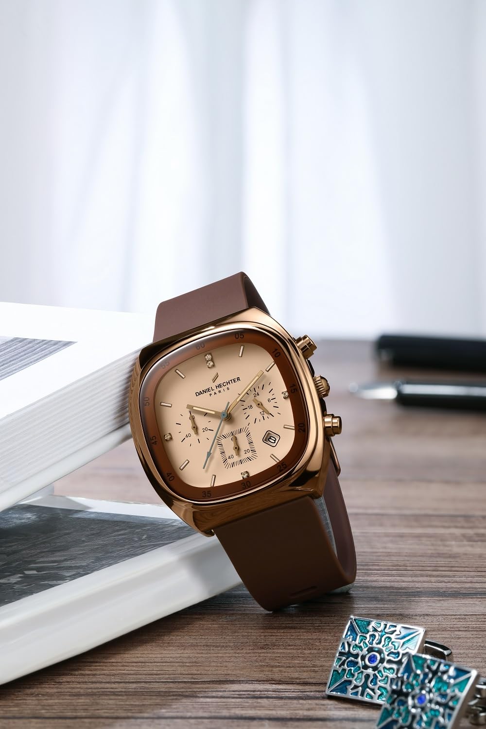 Daniel Hechter Paris Bercy Collection Modern Multi Functional Watch for Men with Square Dial and Silicon Band-DHM1001 (Beige)