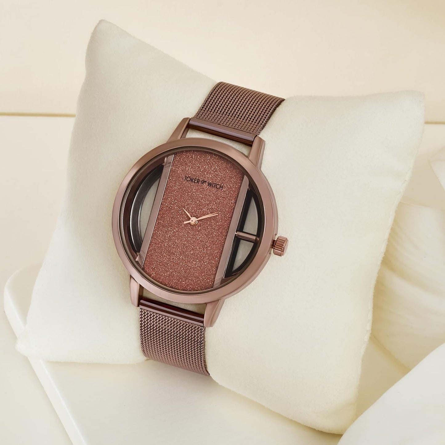 Joker & Witch Futuristic Copper Large Glitter Dial Mesh Strap Women's Watch