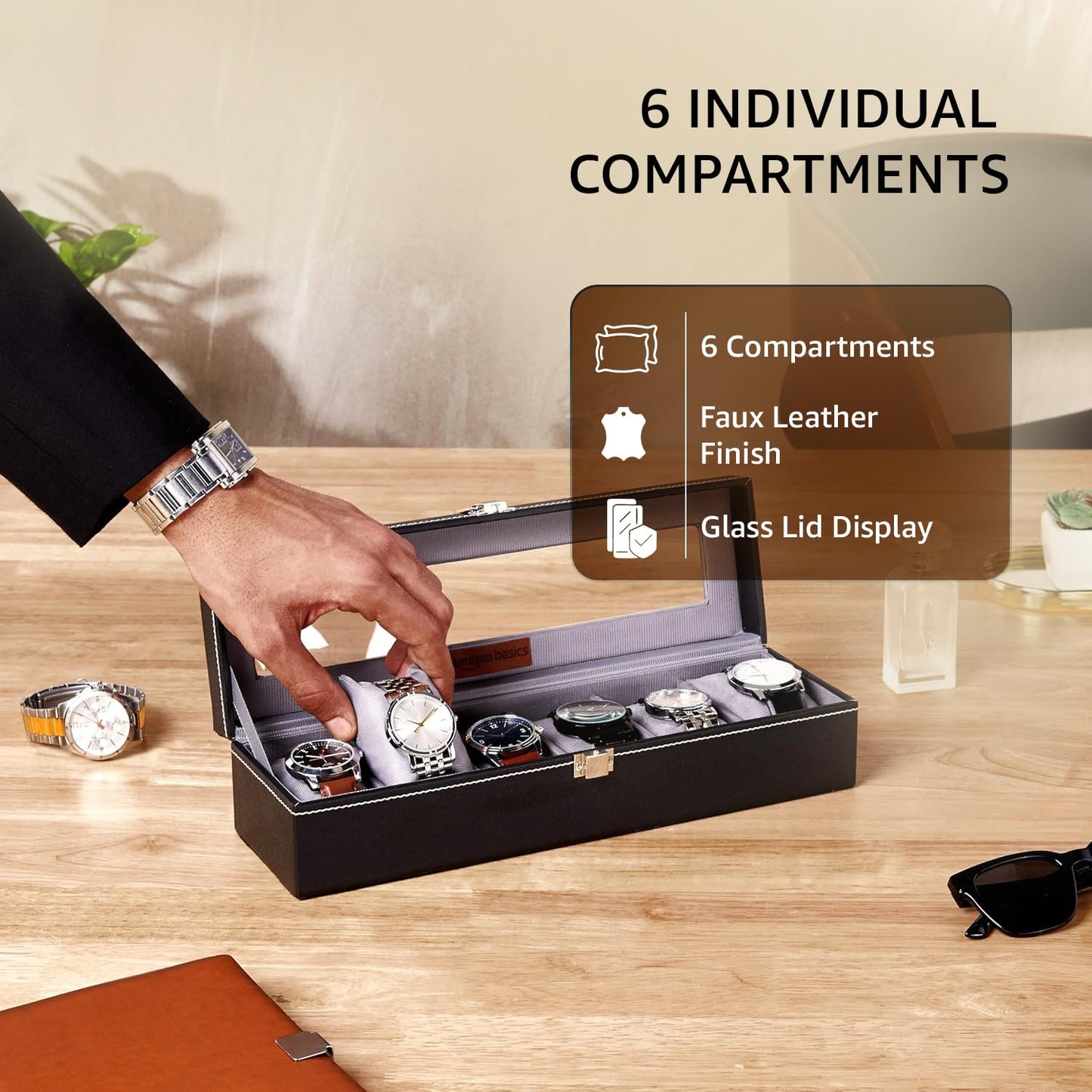 Amazon Basics Unisex Faux Leather Watch Organiser Box with 6 Slots |Watch Organiser with Transparent Lid (Black)