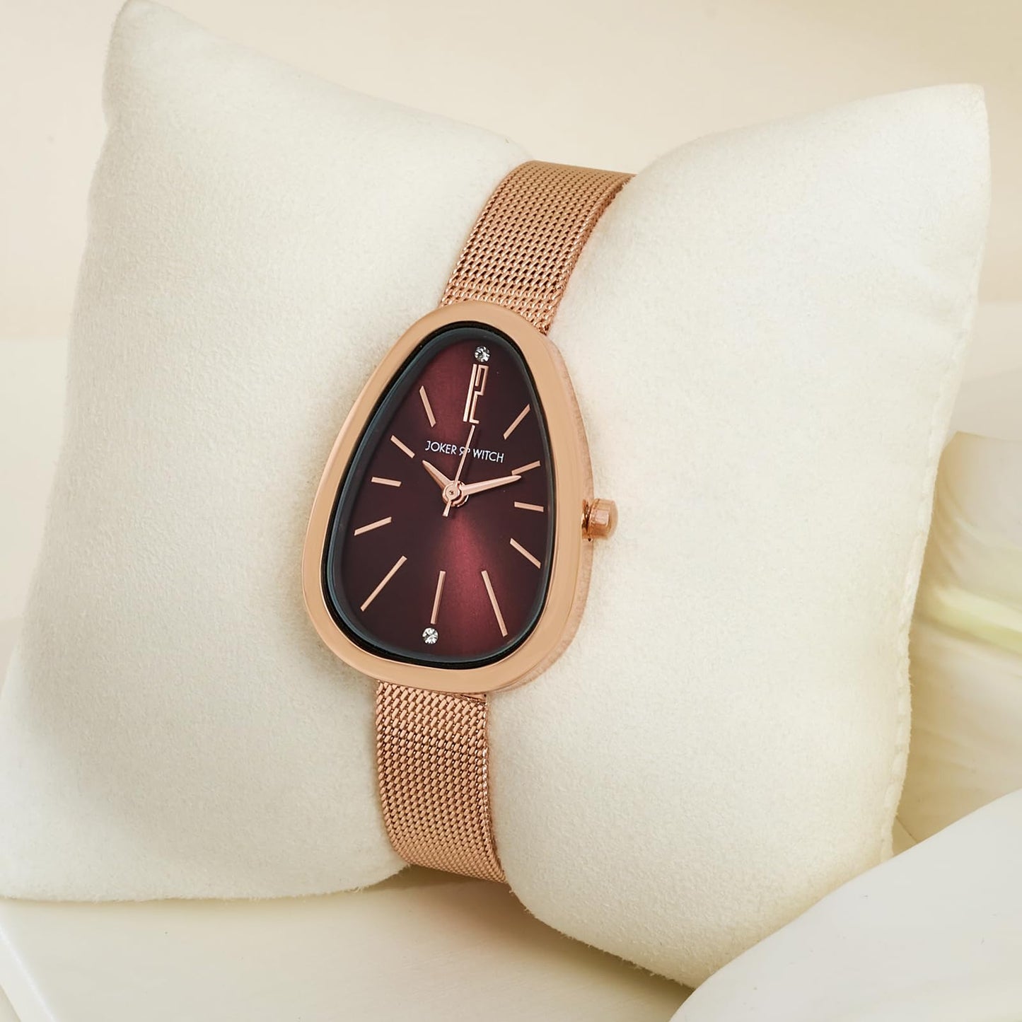 Joker & Witch Maris Maroon Sunray Small Oval Dial Rose Gold Mesh Strap Women's Watch