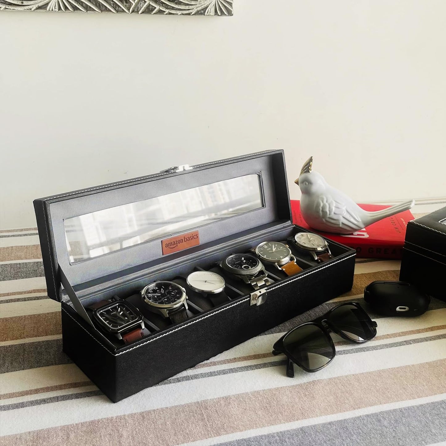 Amazon Basics Unisex Faux Leather Watch Organiser Box with 6 Slots |Watch Organiser with Transparent Lid (Black)