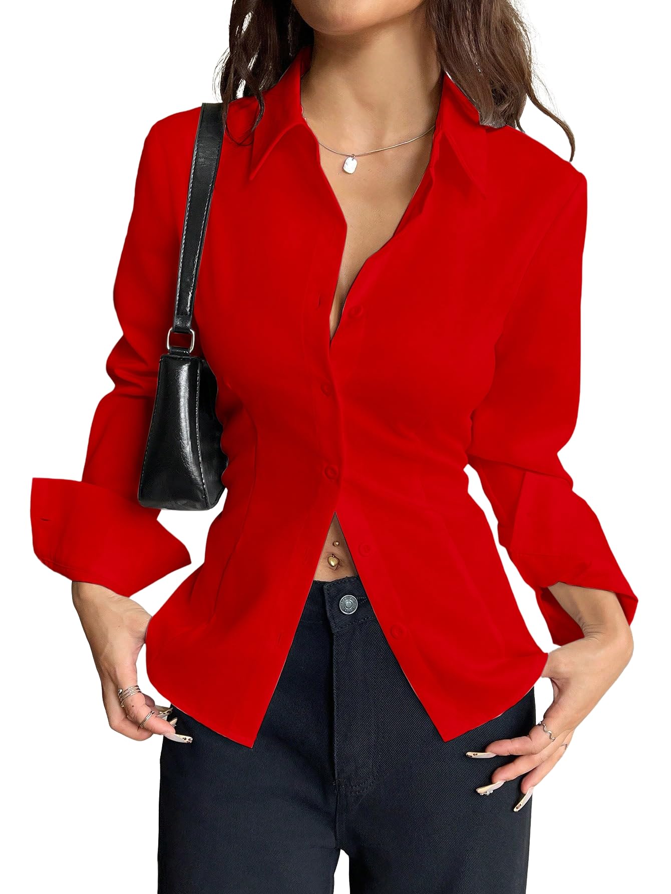 Aahwan Red Solid Front Button Long Sleeve Casual Shirt for Women' & Girl's(354-Red-S)