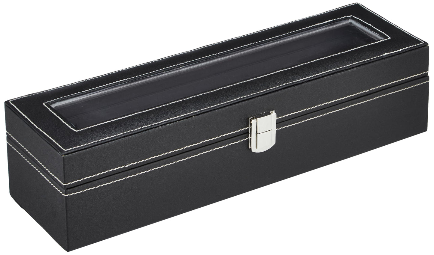 Amazon Basics Unisex Faux Leather Watch Organiser Box with 6 Slots |Watch Organiser with Transparent Lid (Black)