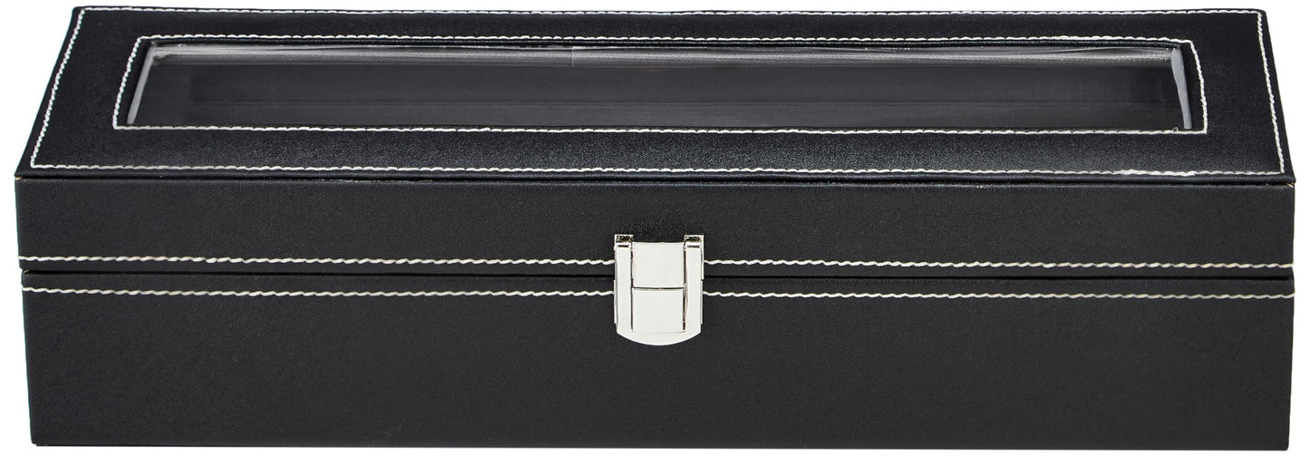 Amazon Basics Unisex Faux Leather Watch Organiser Box with 6 Slots |Watch Organiser with Transparent Lid (Black)