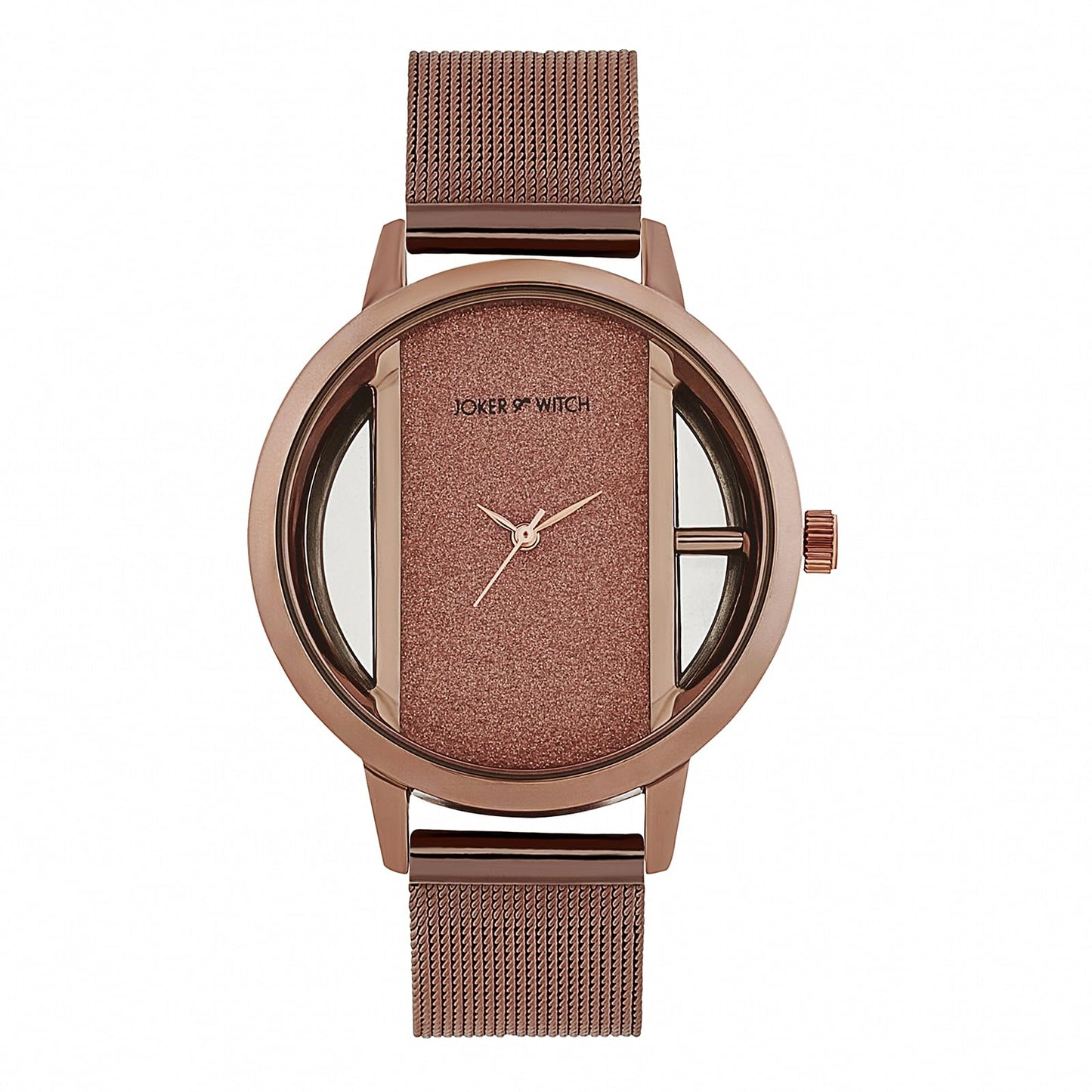 Joker & Witch Futuristic Copper Large Glitter Dial Mesh Strap Women's Watch