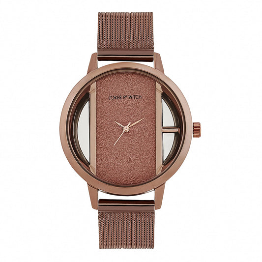 Joker & Witch Futuristic Copper Large Glitter Dial Mesh Strap Women's Watch