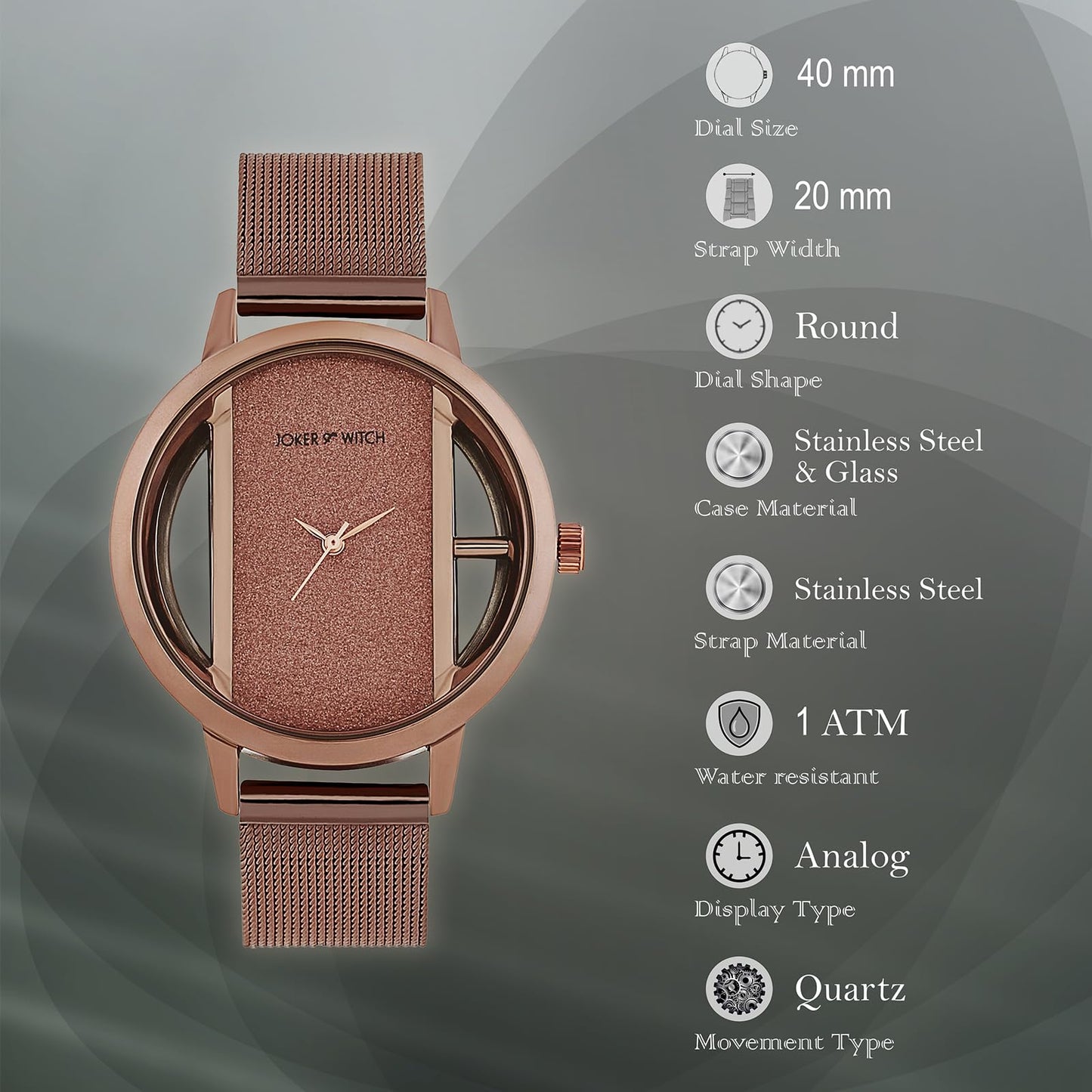 Joker & Witch Futuristic Copper Large Glitter Dial Mesh Strap Women's Watch