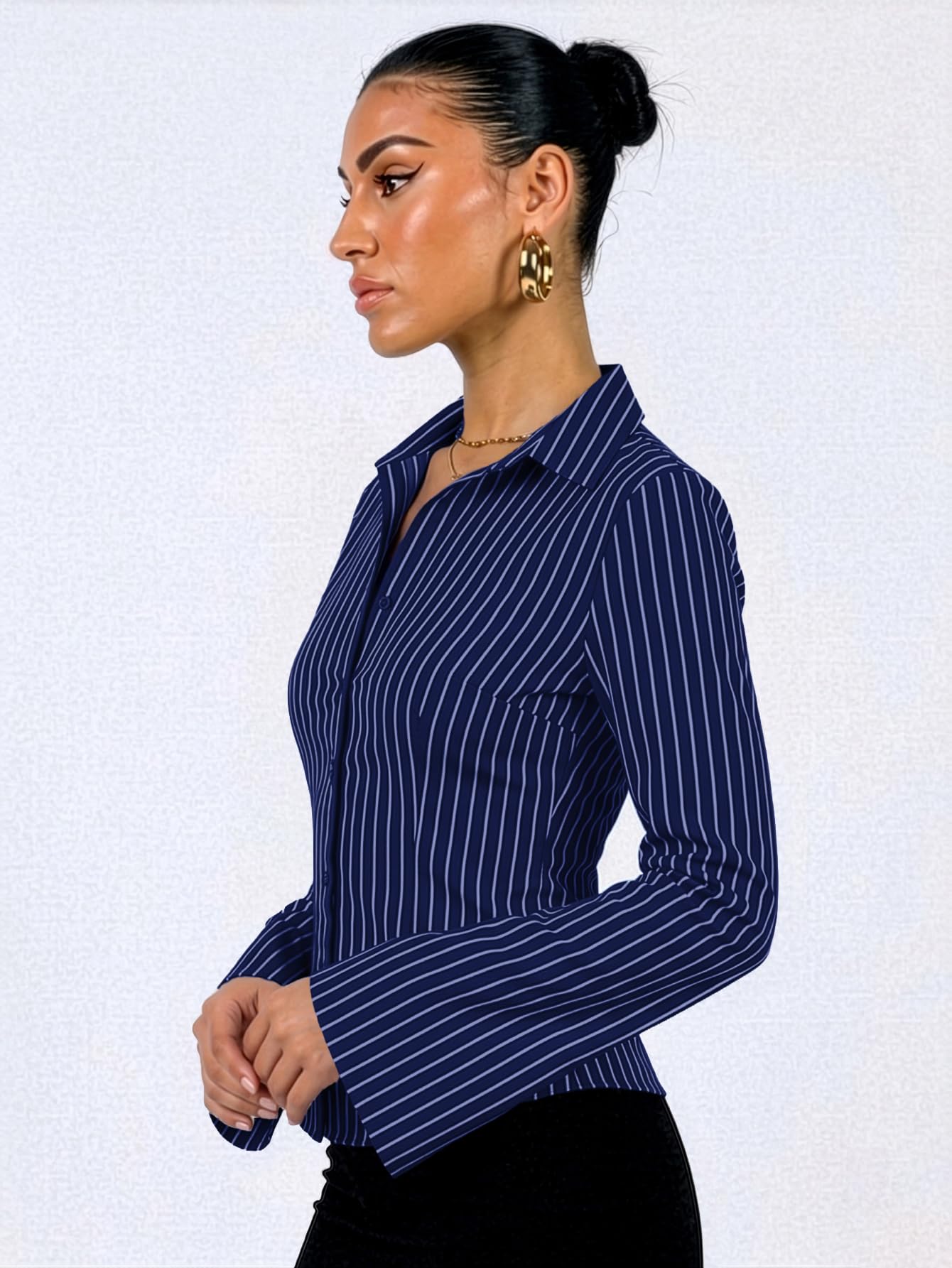 Aahwan Blue Striped Button Down Flared Bell Long Sleeve Casual Shirt for Women's & Girl's(395-SBlue-M)