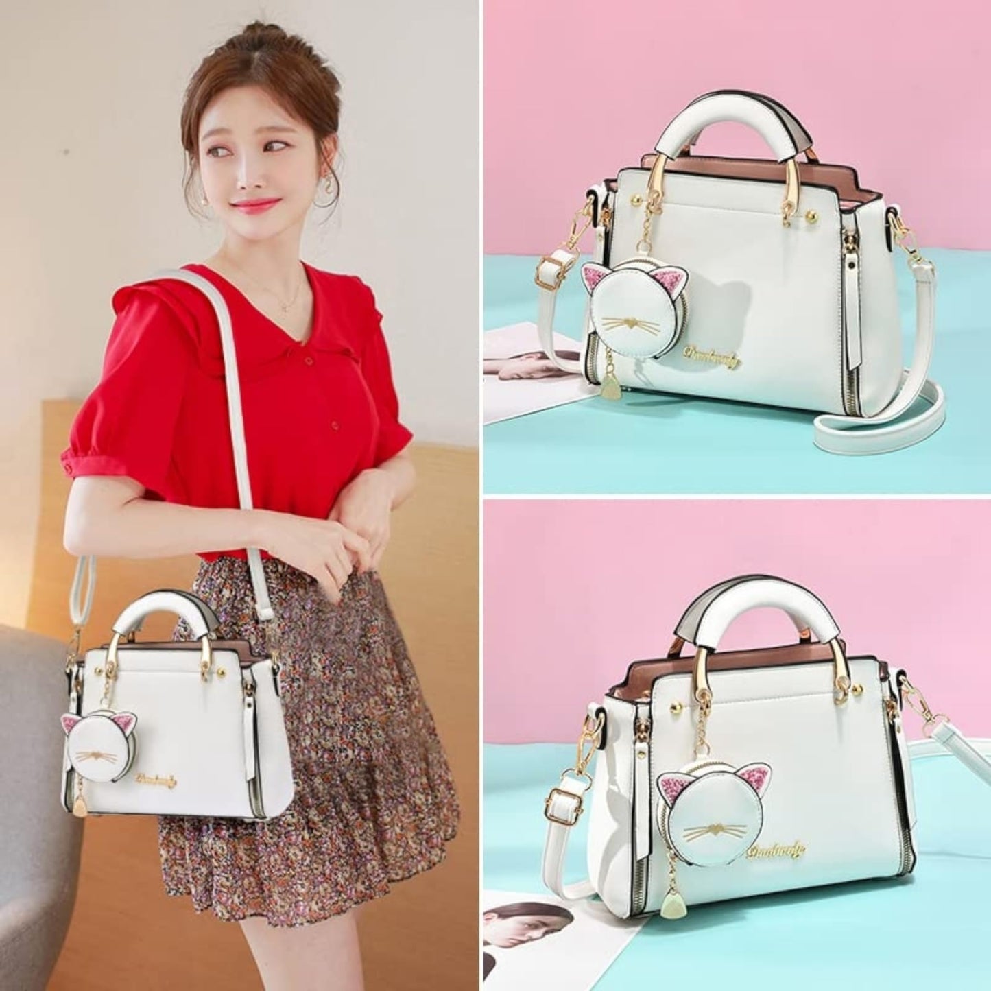 SANTORINI Women Handbag Leather Fancy Bag | Satchel Bag with zipper closure and coin pouch | Small size Purse for girls with Strap | Party Clutch for ladies (WHITE)