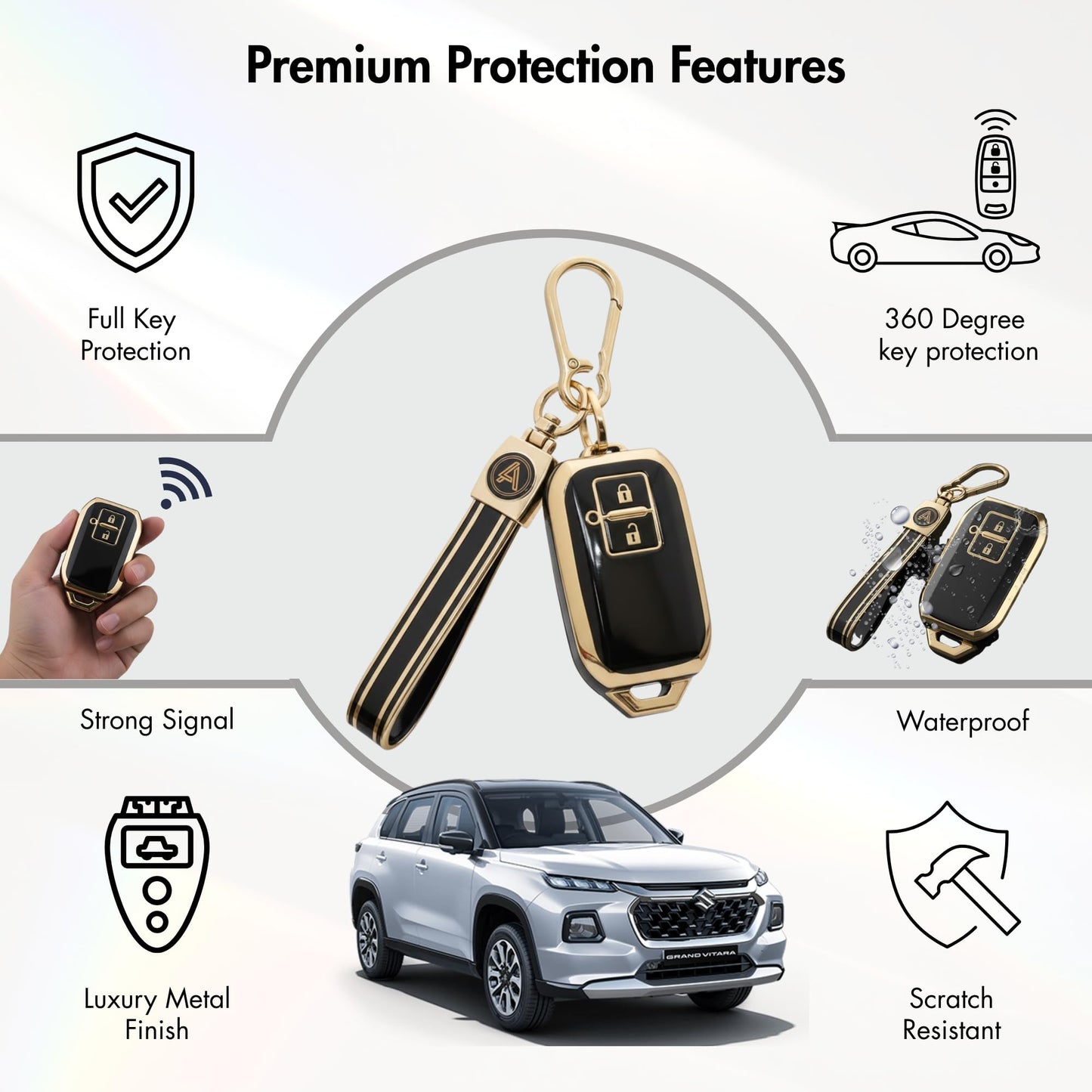 AutoLuxe Premium Black & Gold Soft TPU Car Smart Key Cover Case Compatible with Suzuki Jimny, Fronx, Grand Vitara, Baleno, Swift, Dzire, Ertiga, XL6 & Toyota Glanza, Hyryder | 2 Button Key