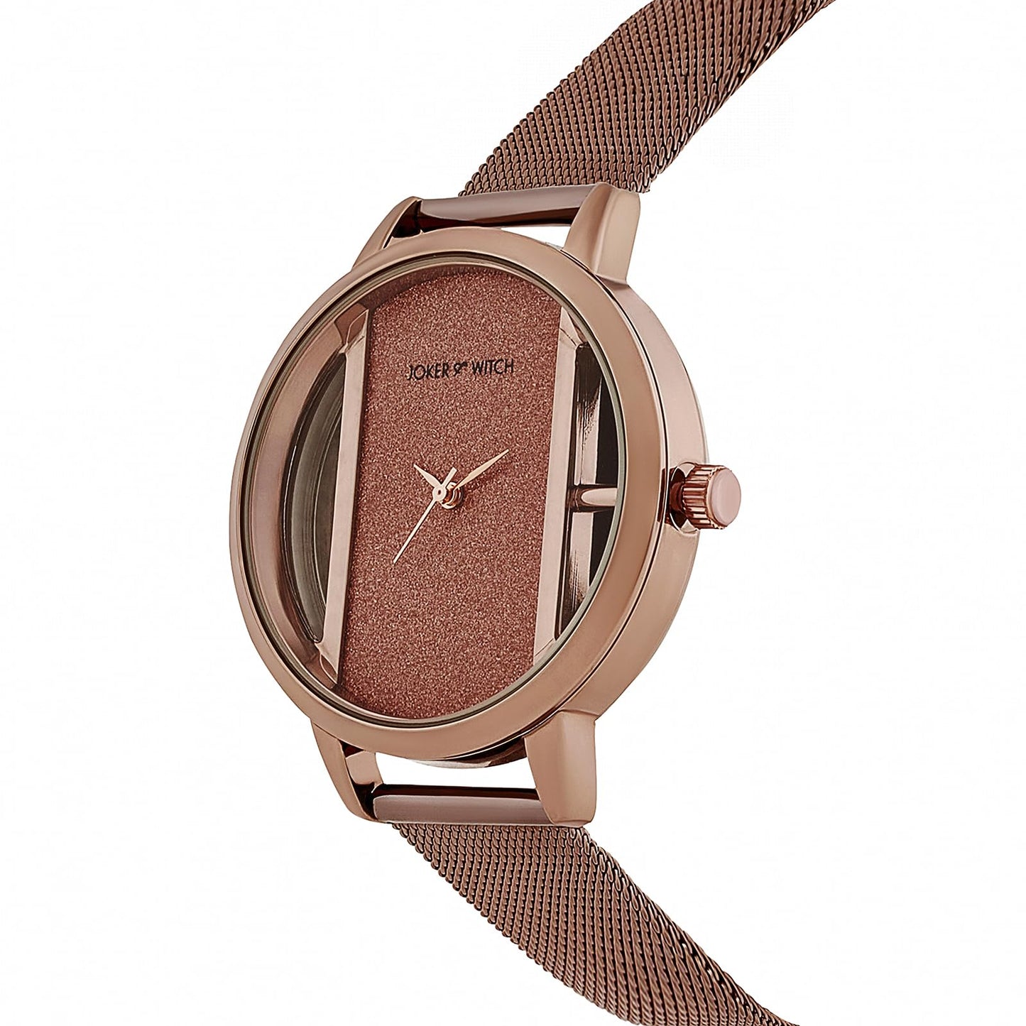Joker & Witch Futuristic Copper Large Glitter Dial Mesh Strap Women's Watch
