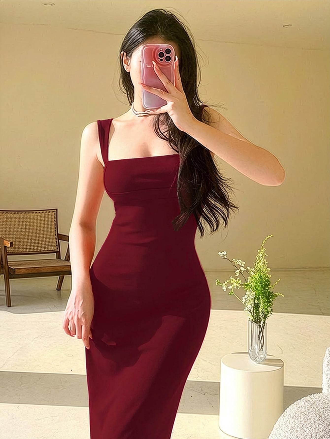 Aahwan Maroon Solid Bodycon Square Neck Long Party Dress for Women's & Girl's(390-Maroon-M)