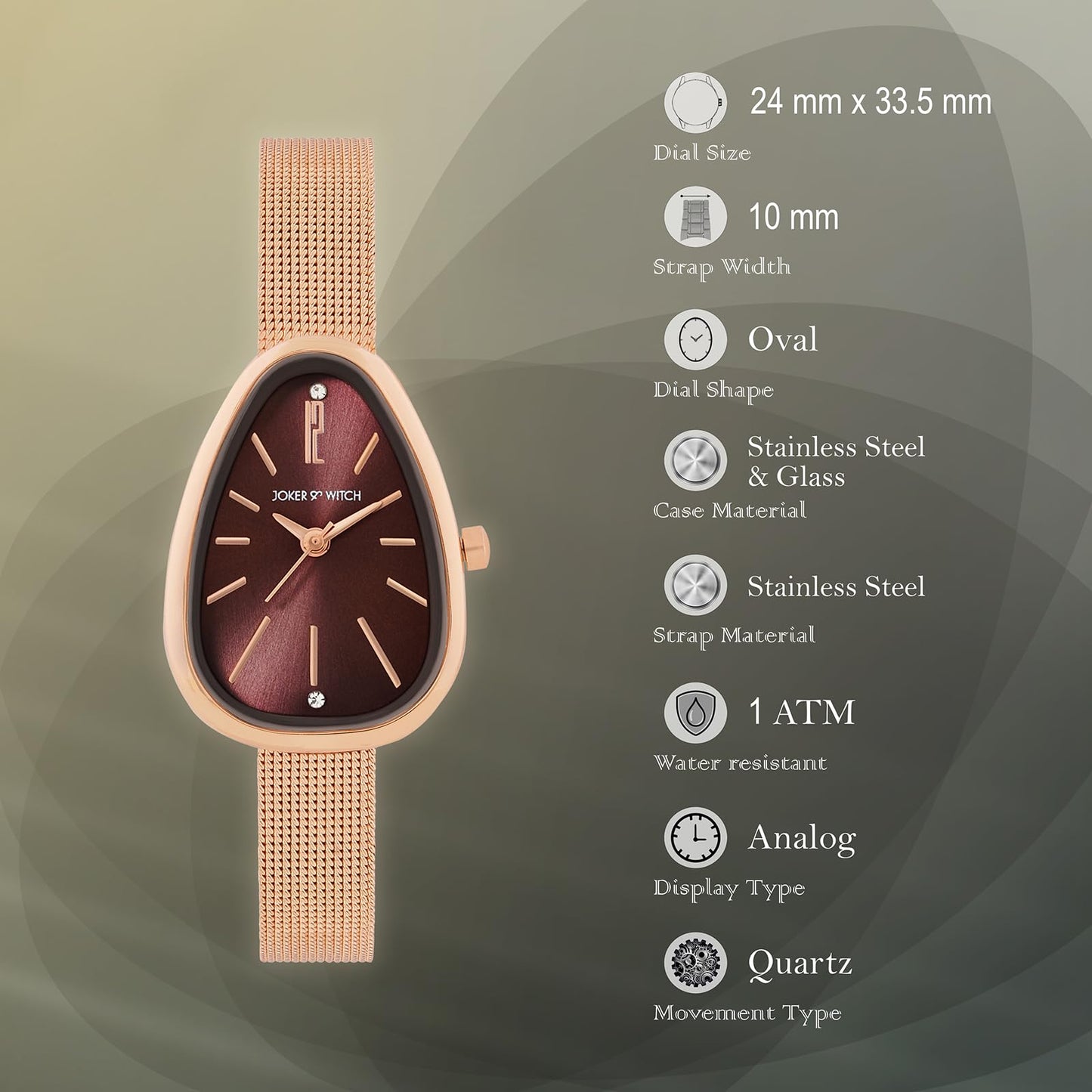 Joker & Witch Maris Maroon Sunray Small Oval Dial Rose Gold Mesh Strap Women's Watch