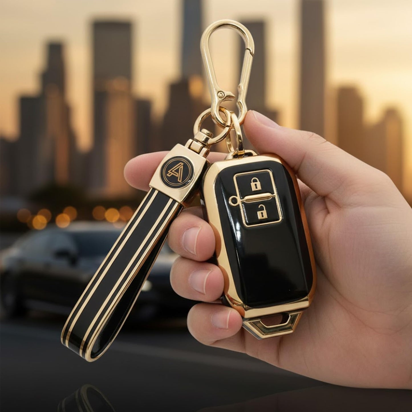 AutoLuxe Premium Black & Gold Soft TPU Car Smart Key Cover Case Compatible with Suzuki Jimny, Fronx, Grand Vitara, Baleno, Swift, Dzire, Ertiga, XL6 & Toyota Glanza, Hyryder | 2 Button Key