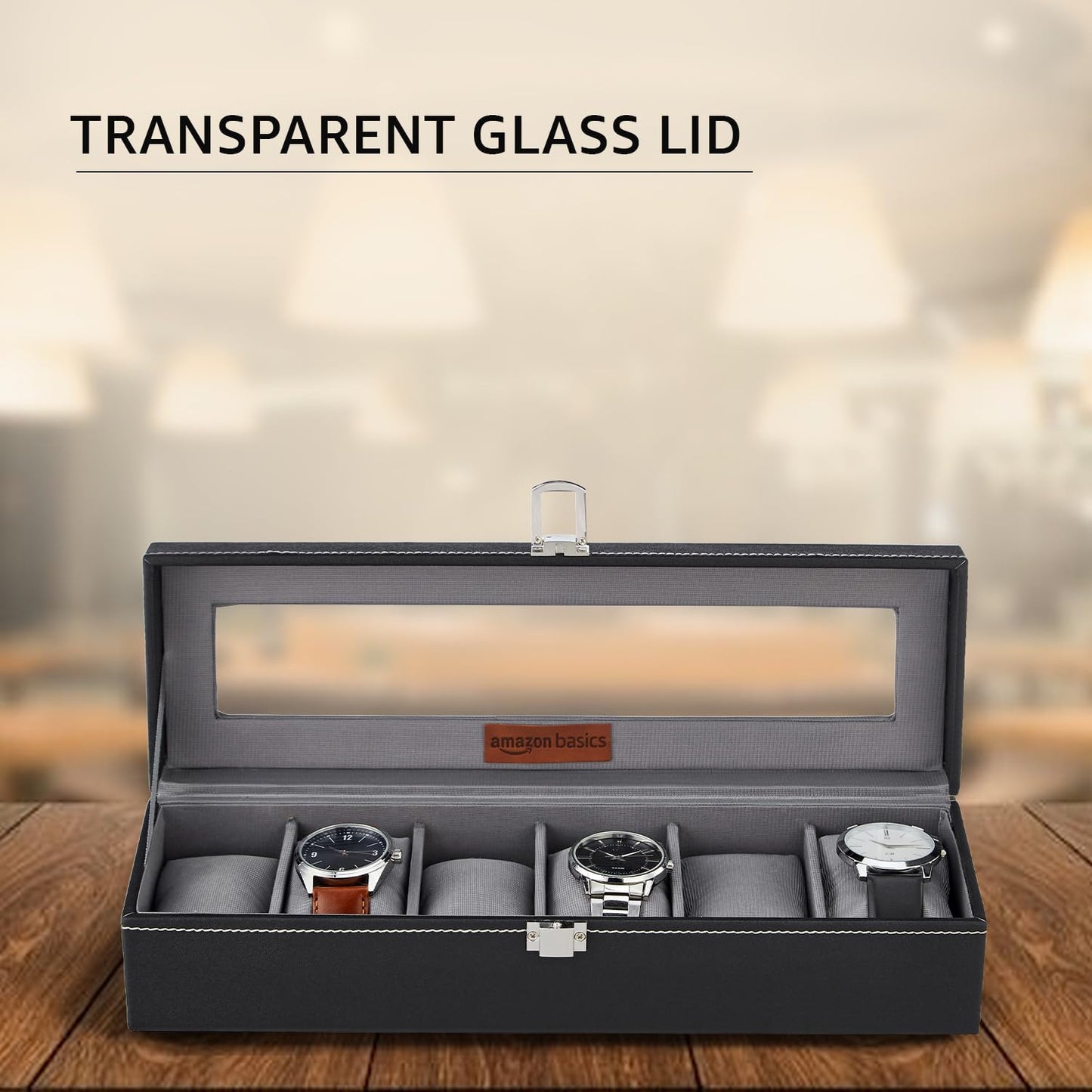 Amazon Basics Unisex Faux Leather Watch Organiser Box with 6 Slots |Watch Organiser with Transparent Lid (Black)