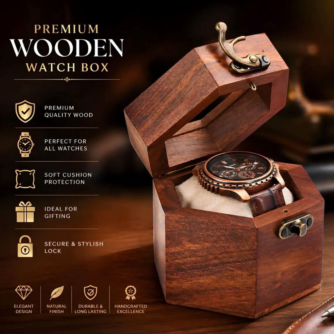 Watch Box for Men, Single Slot Watch Display Case Mens Timepiece Box Organizer, Dark Rosewood Cases for Men Storage, Valentines Gift Organizer Holder Case for travel with Glass Lid