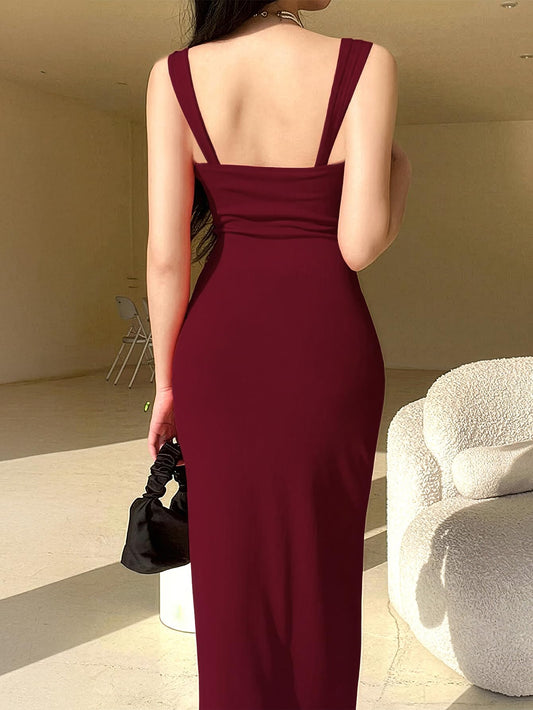 Aahwan Maroon Solid Bodycon Square Neck Long Party Dress for Women's & Girl's(390-Maroon-M)
