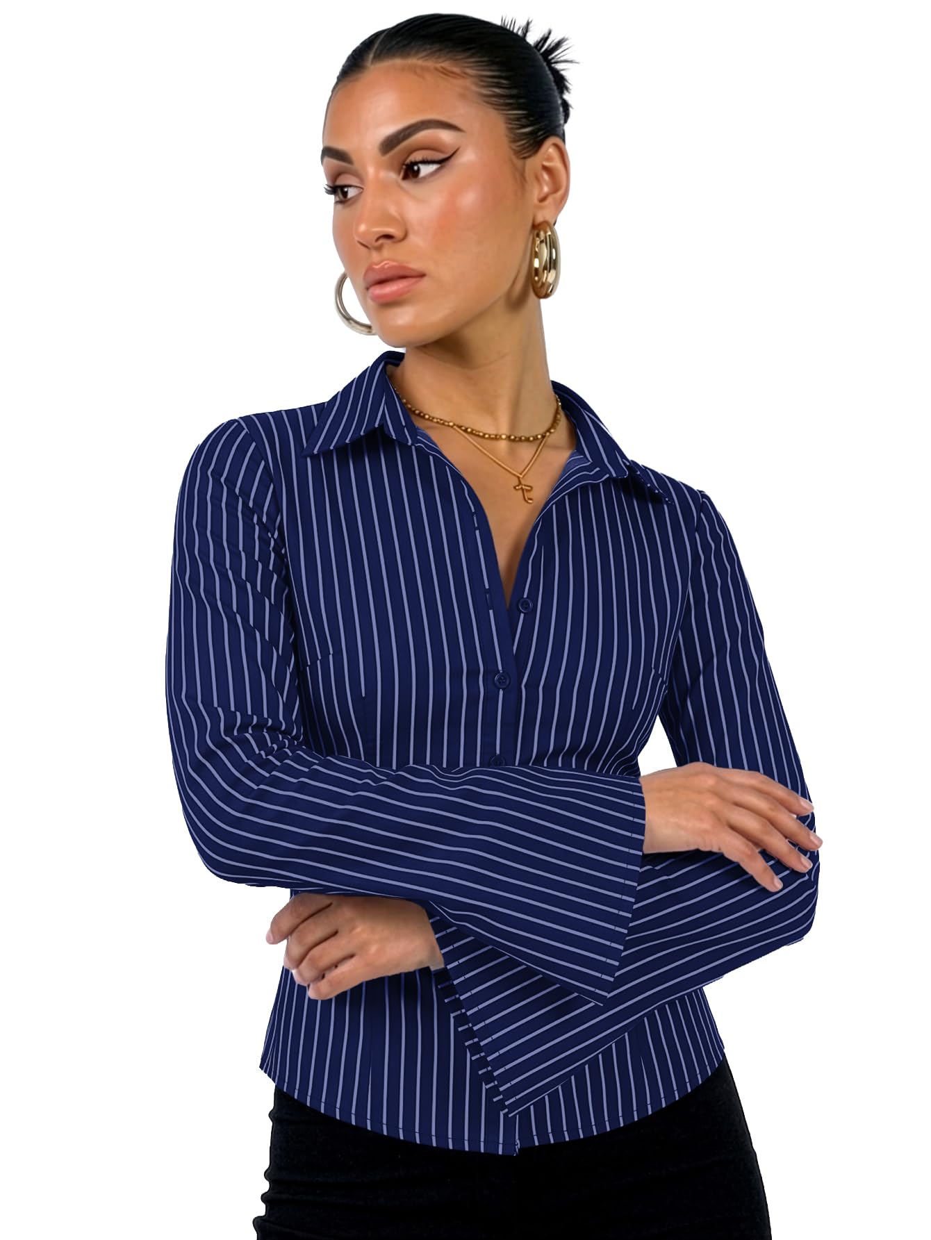 Aahwan Blue Striped Button Down Flared Bell Long Sleeve Casual Shirt for Women's & Girl's(395-SBlue-M)