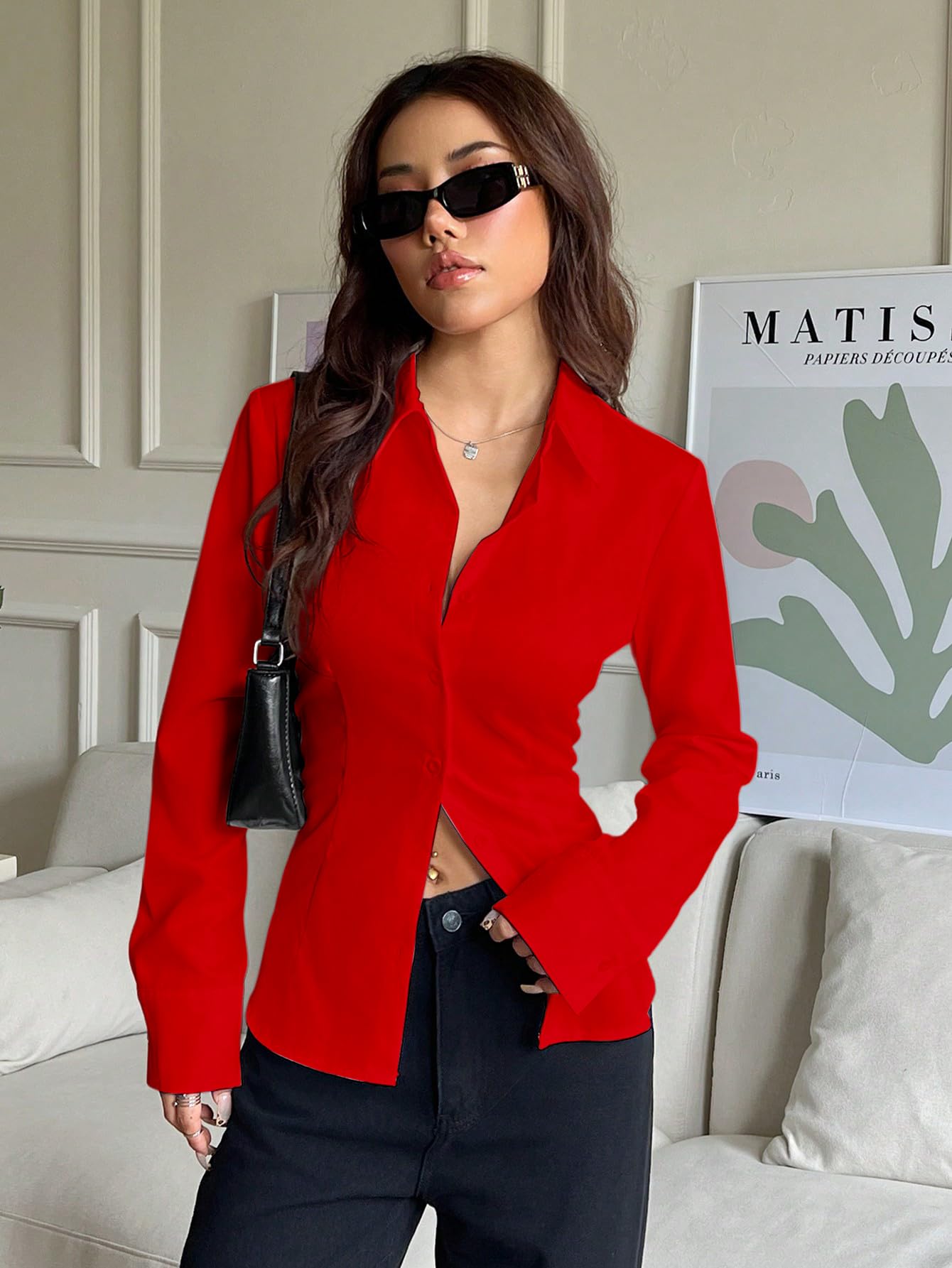 Aahwan Red Solid Front Button Long Sleeve Casual Shirt for Women' & Girl's(354-Red-S)