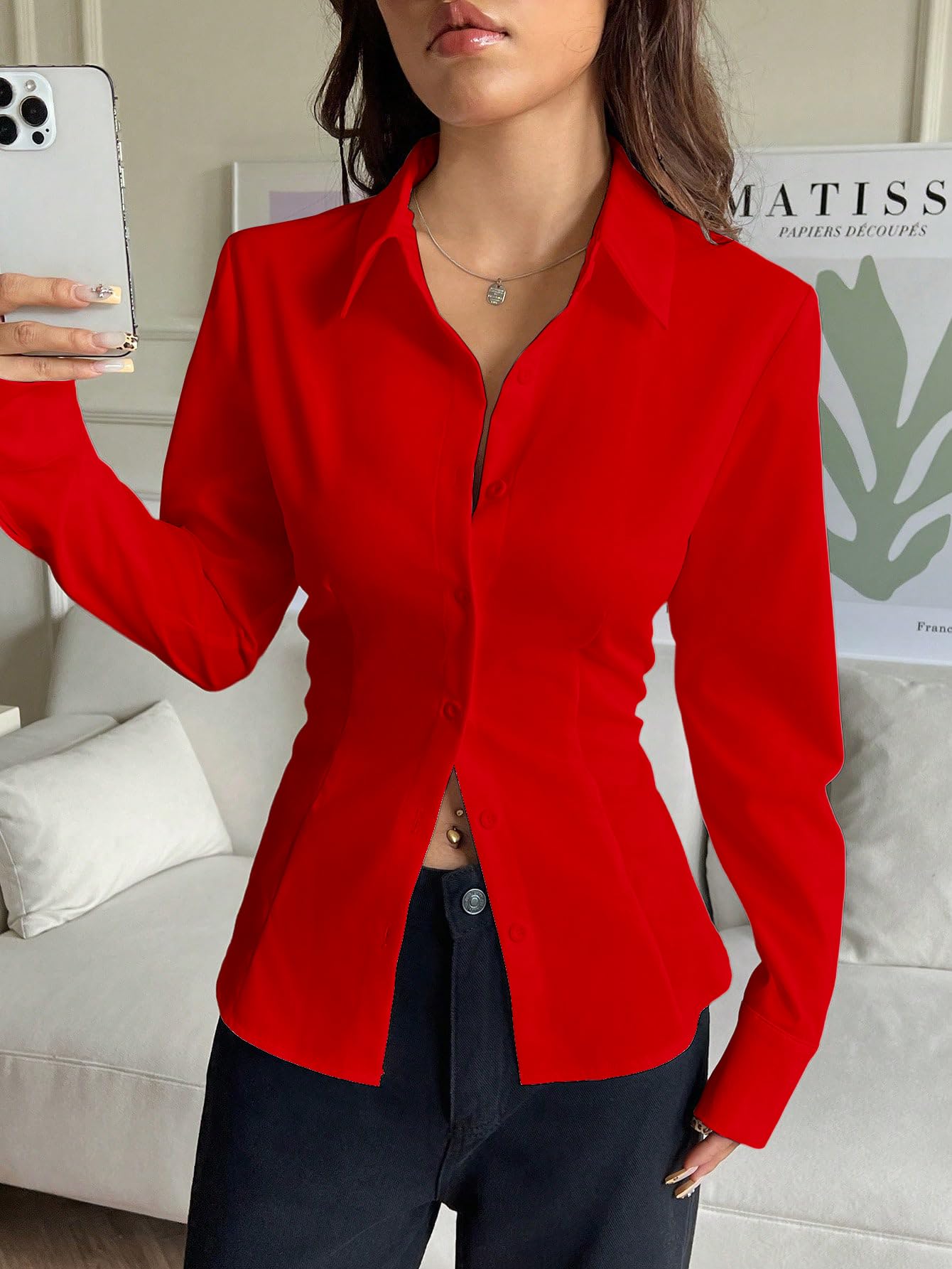 Aahwan Red Solid Front Button Long Sleeve Casual Shirt for Women' & Girl's(354-Red-S)