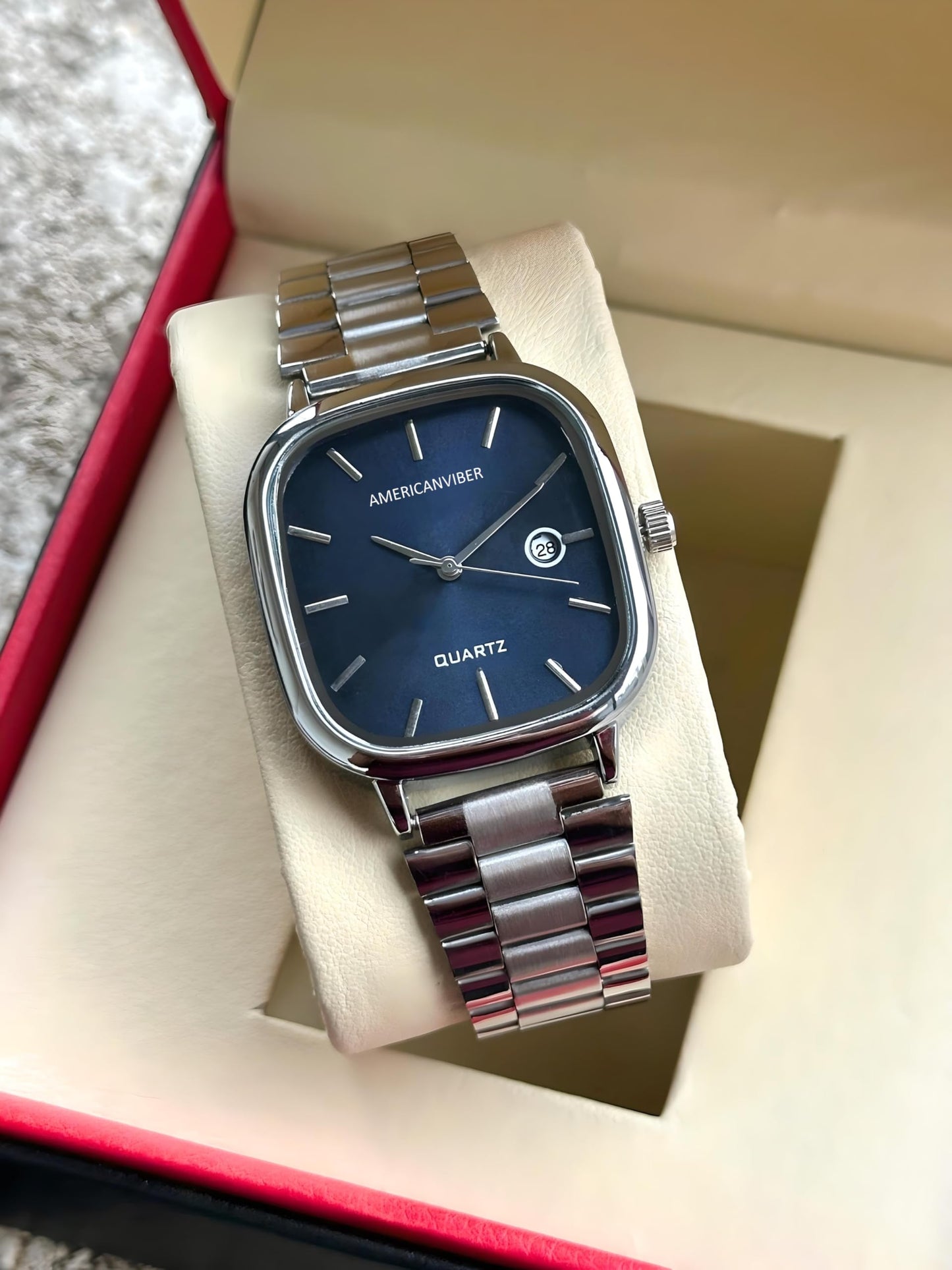 AMERICANVIBER Men's Silver, Watch with Stainless Steel Band | Water-Resistant Analog Dress & Casual Wristwatch (Blue)