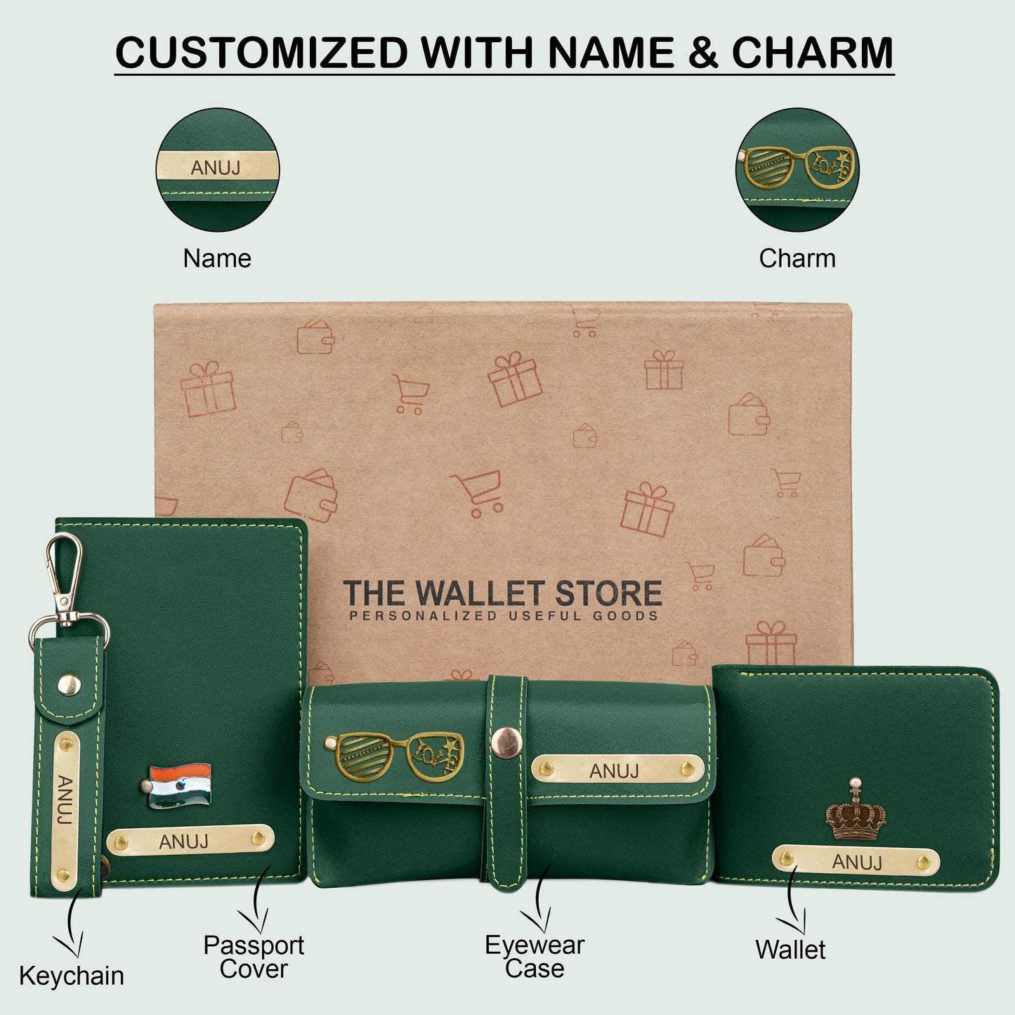 The Wallet Store Personalised Complete Combo for Men | Wallet, Passport Cover, Eyewear Case & Keychain Set with Name & Charm | Premium Gift Box for Birthday, Anniversary & Special Occasions (Green)