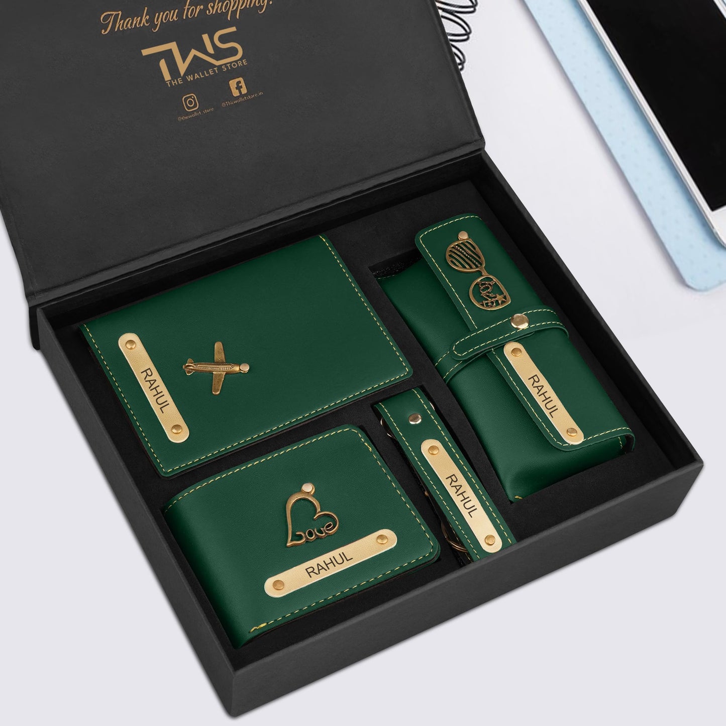 The Wallet Store Personalised Complete Combo for Men | Wallet, Passport Cover, Eyewear Case & Keychain Set with Name & Charm | Premium Gift Box for Birthday, Anniversary & Special Occasions (Green)