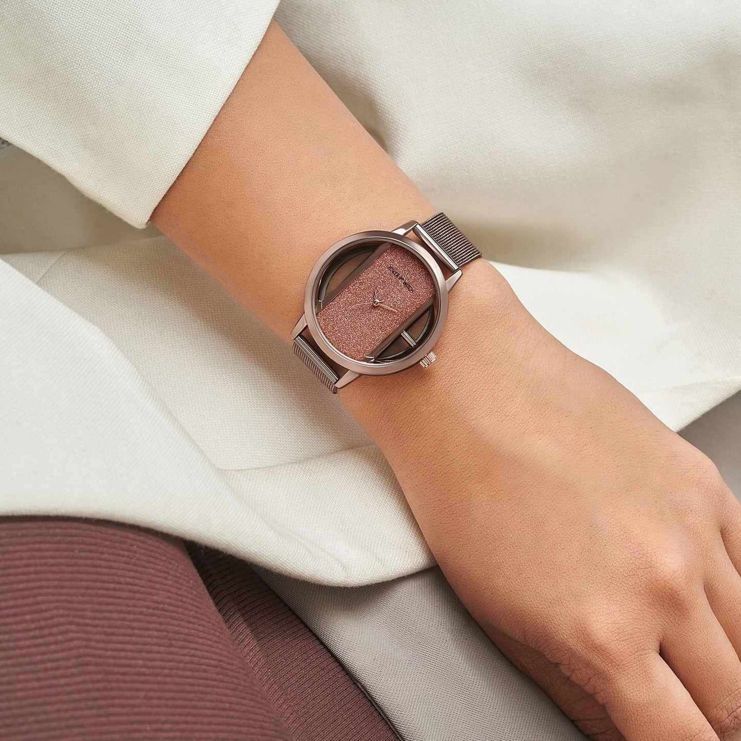 Joker & Witch Futuristic Copper Large Glitter Dial Mesh Strap Women's Watch