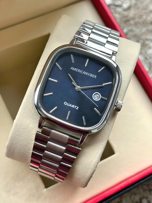 AMERICANVIBER Men's Silver, Watch with Stainless Steel Band | Water-Resistant Analog Dress & Casual Wristwatch (Blue)