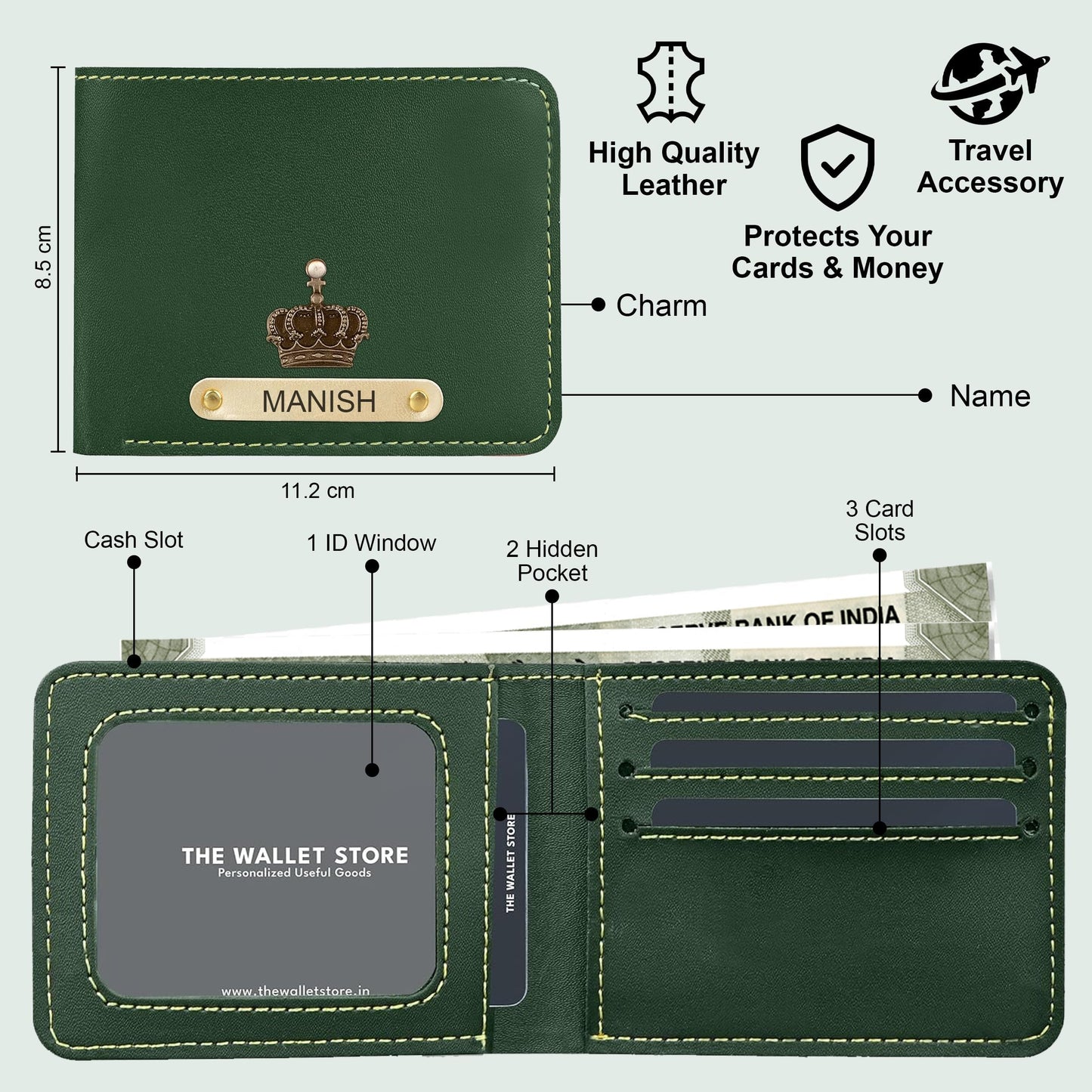 The Wallet Store Personalised Complete Combo for Men | Wallet, Passport Cover, Eyewear Case & Keychain Set with Name & Charm | Premium Gift Box for Birthday, Anniversary & Special Occasions (Green)